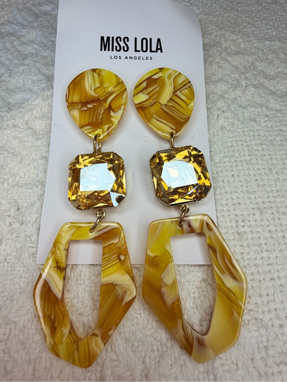 Miss Lola Marbled Yellow Drop Earrings with Golden Crystal